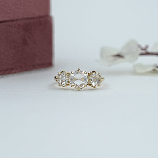 Round Cut Rose Diamond Three Stone Ring