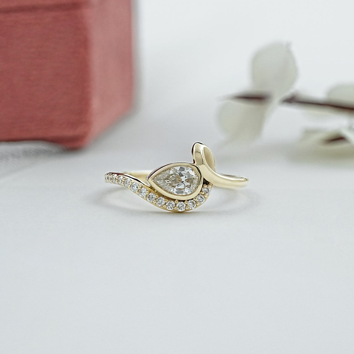 Old Mine Pear Cut Solitaire Accent Knot Ring