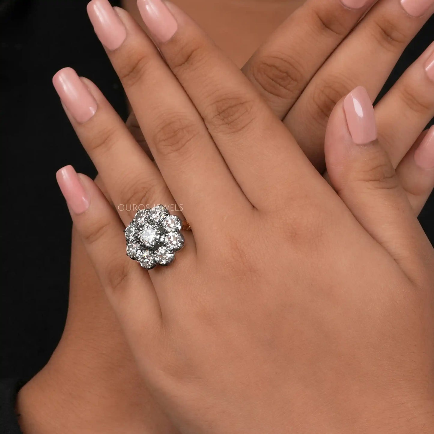 Black Coating Old European Round Cut Solitaire With Halo Ring