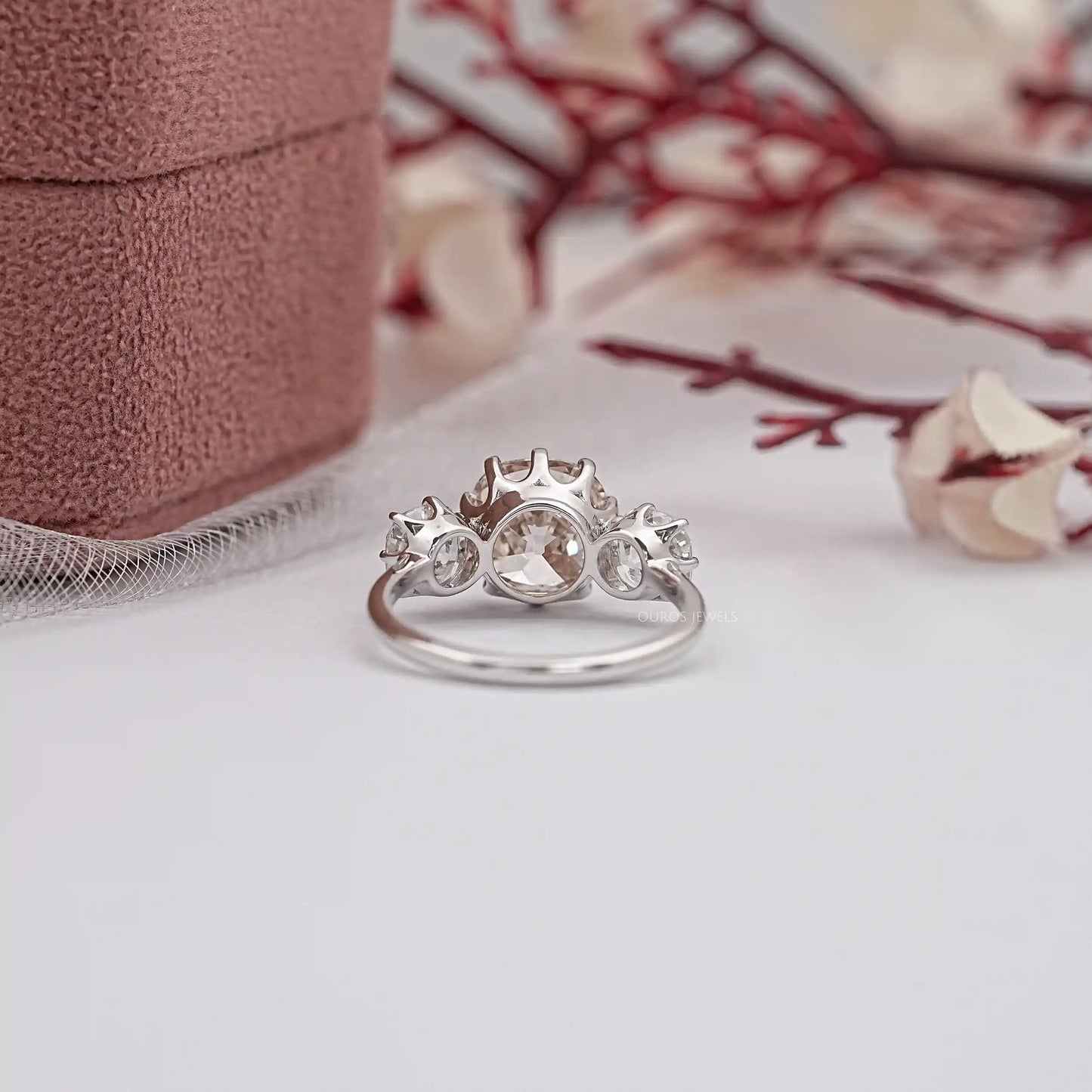 3 Stone OMC Cushion Cut Lab Diamond Ring