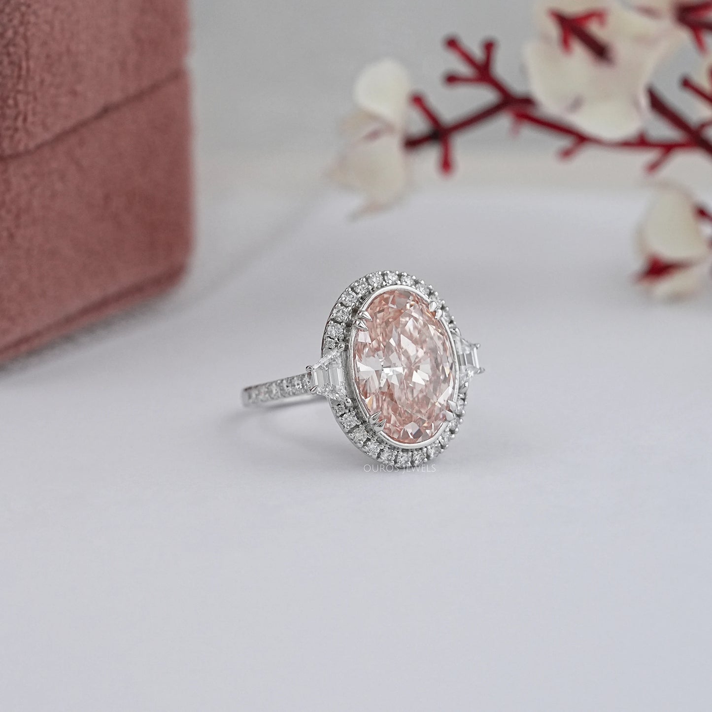 Pink  Oval Cut Halo With  Accent Diamond  Ring
