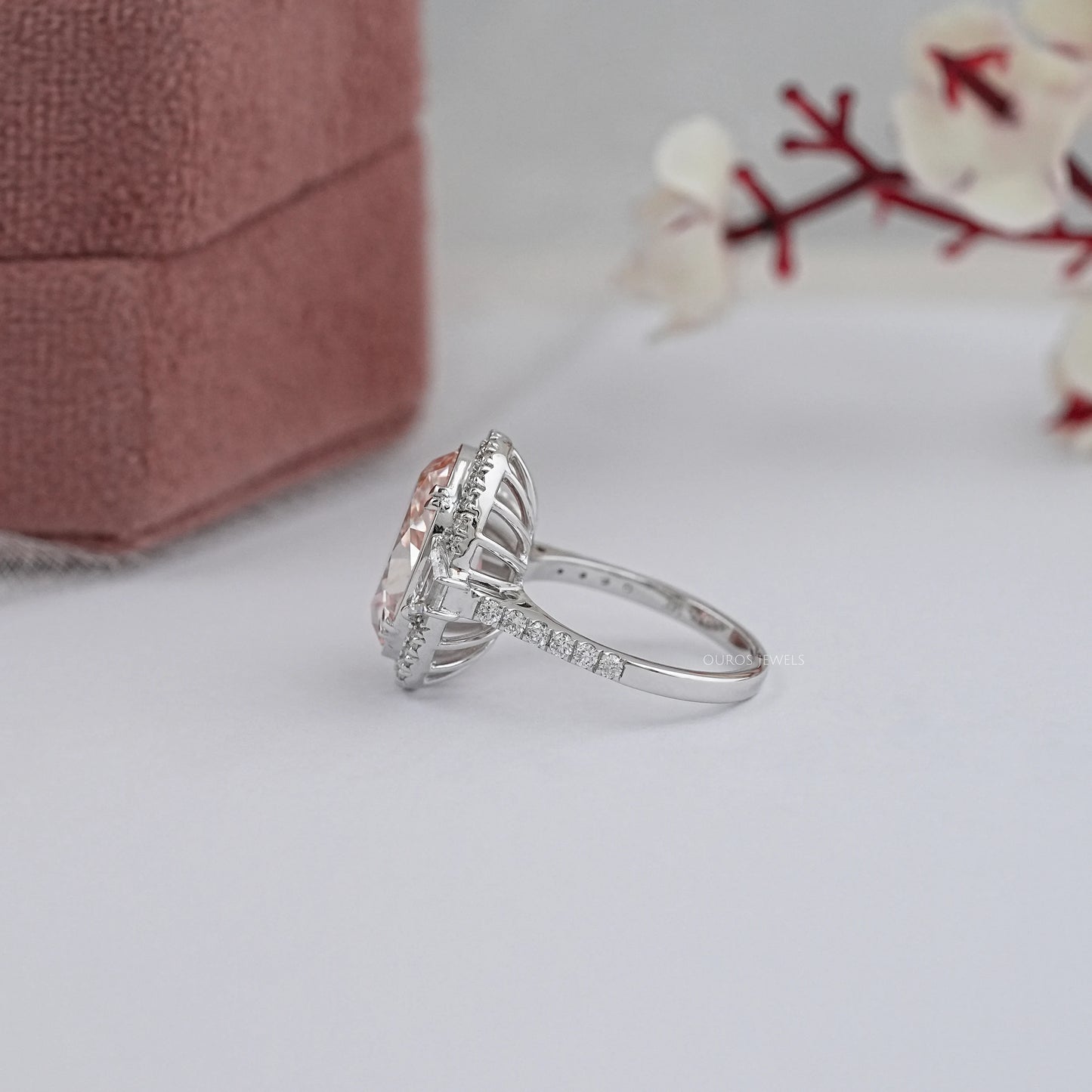 Pink  Oval Cut Halo With  Accent Diamond  Ring