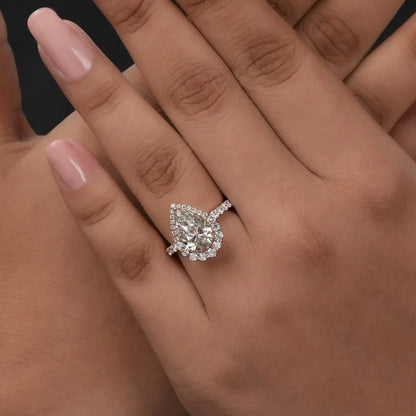 Pear Cut Halo With Accent Lab Diamond Engagement Ring