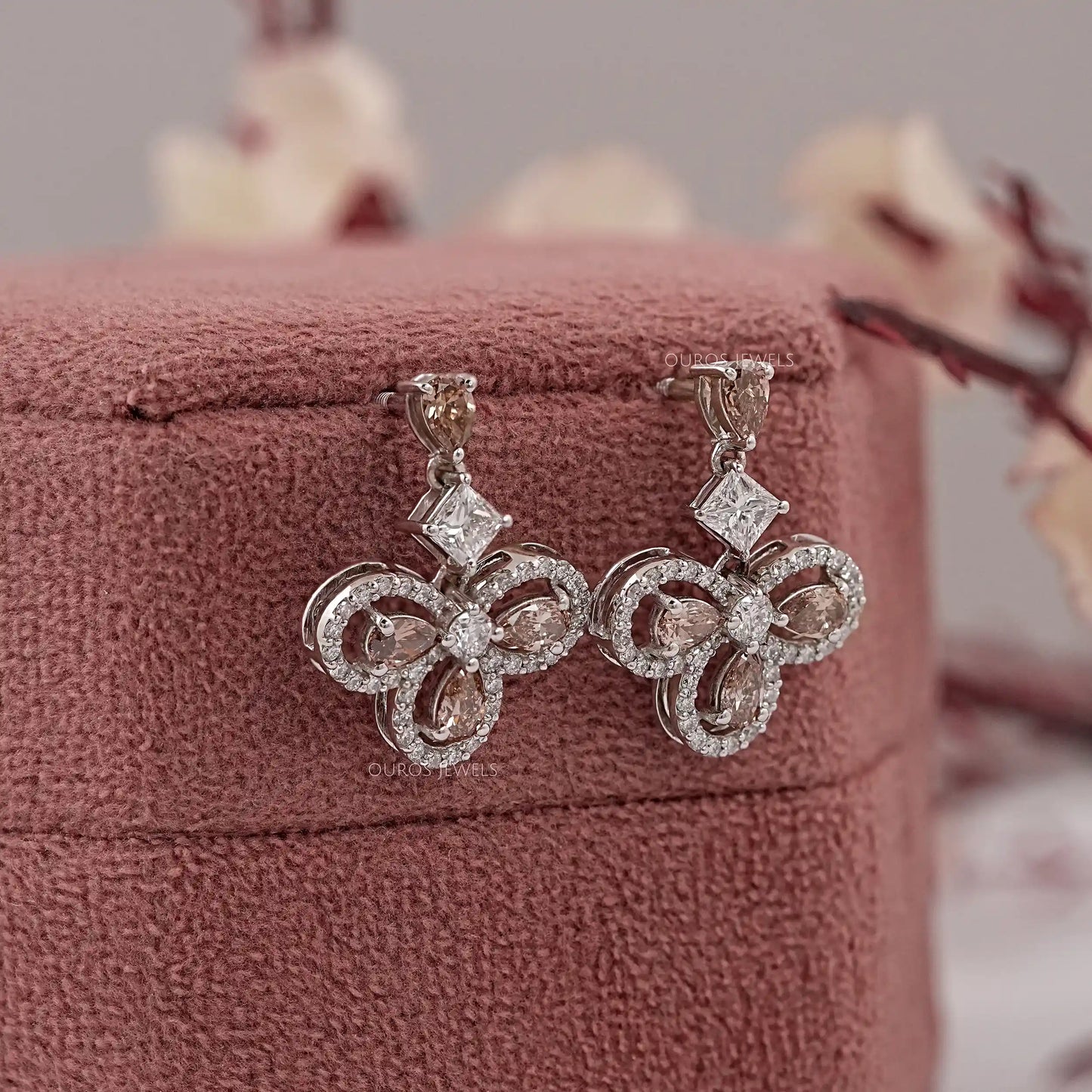 Flower Shape Pear Cut Chocolate Lab Diamond Earring