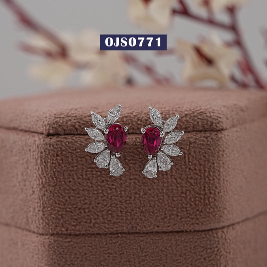 Pear Cut Red Ruby Cluster Diamond Earring