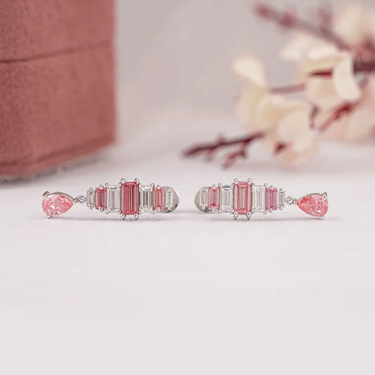 7 Stone Pink Baguette Cut Drop Dangle Earring