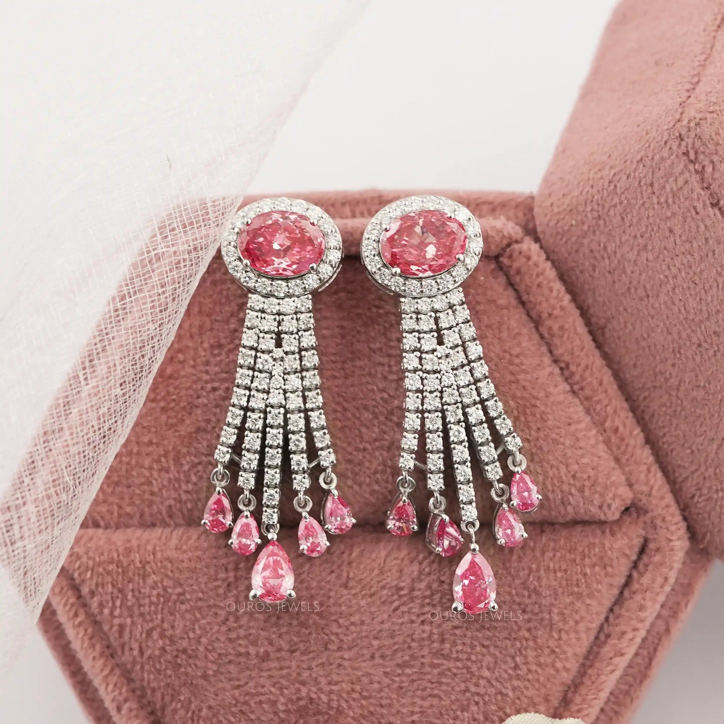 Pink Oval Cut Halo Diamond Chandelier Bridal Earring