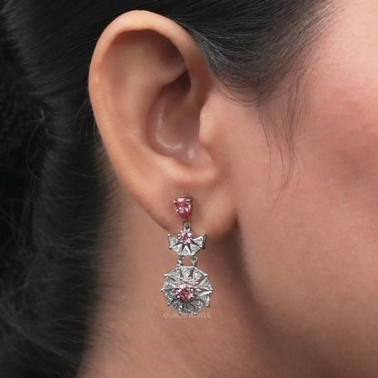 Pink Pear And Triangle Cut Lab Diamond Chandelier Earrings