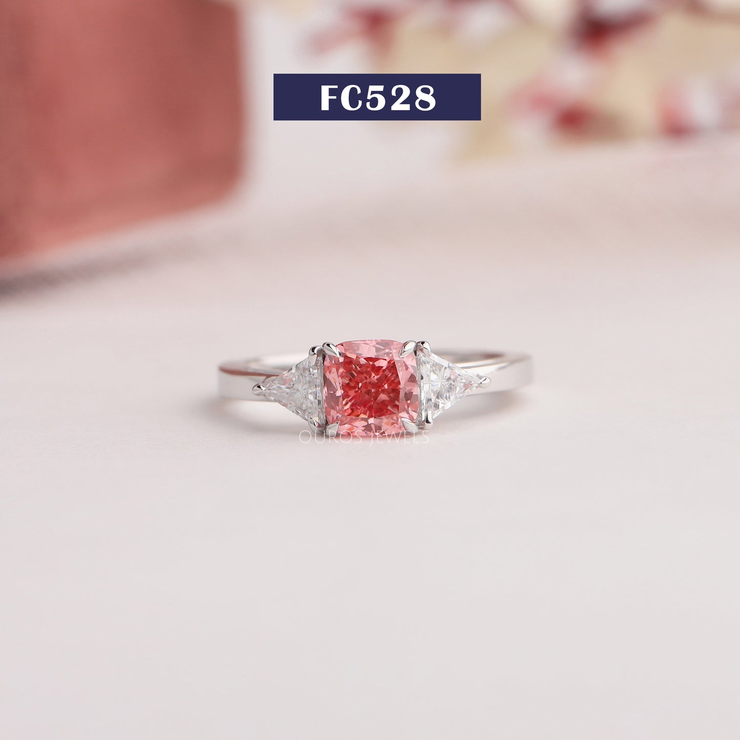 Pink Cushion And Triangle Cut Three Stone Ring