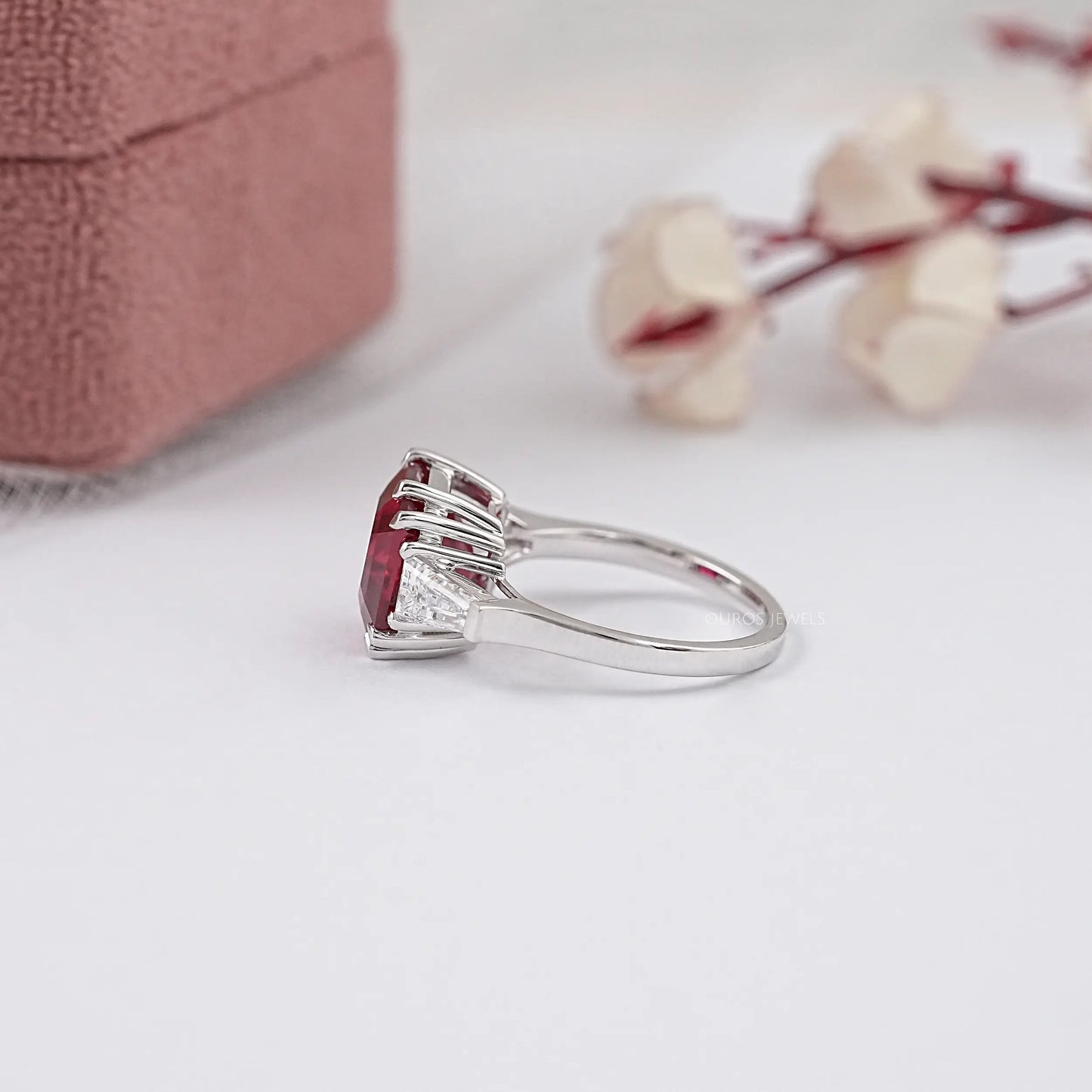 Asscher Cut Red Ruby Gemstone Three Stone Ring