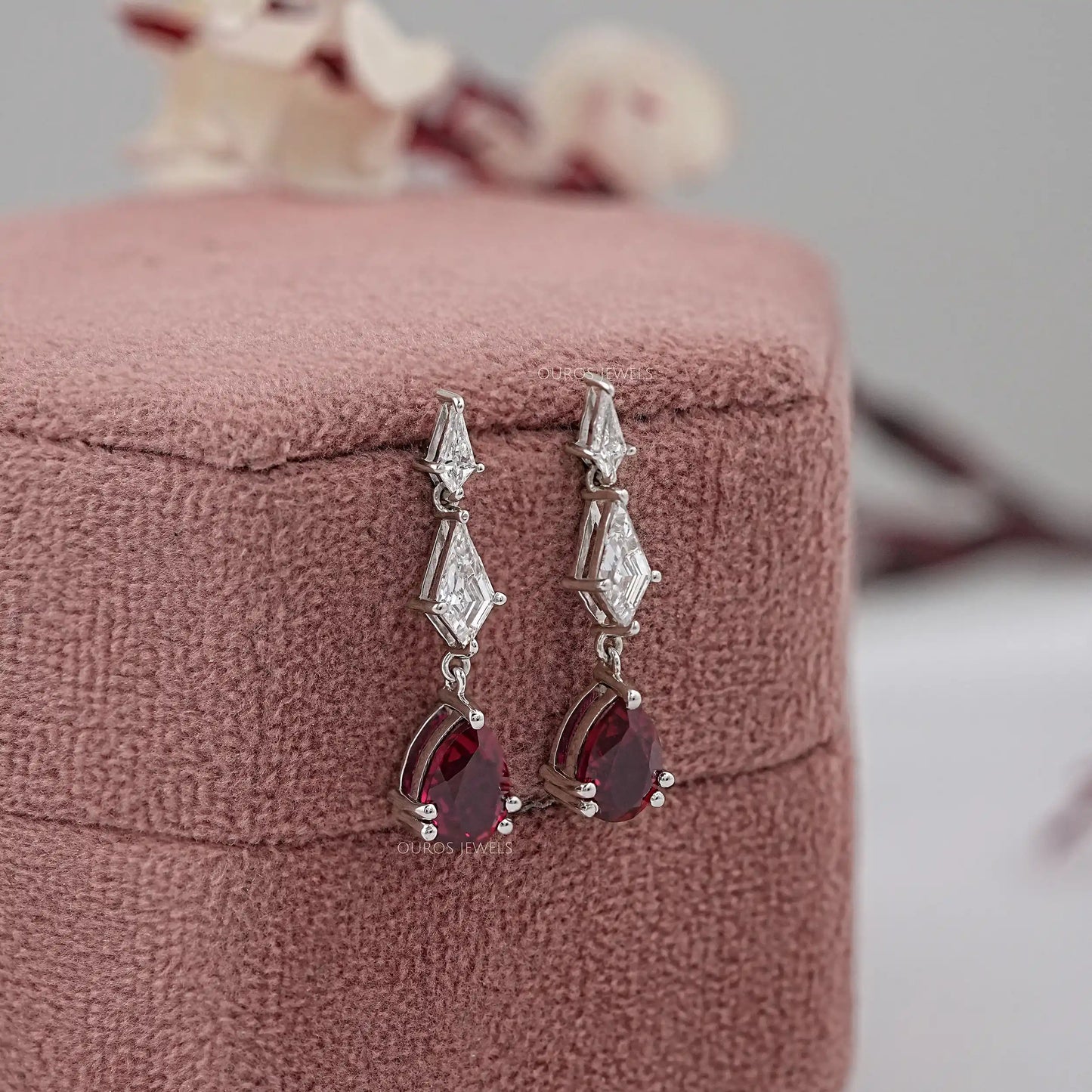 Red Ruby Pear Cut Lab Diamond Earring