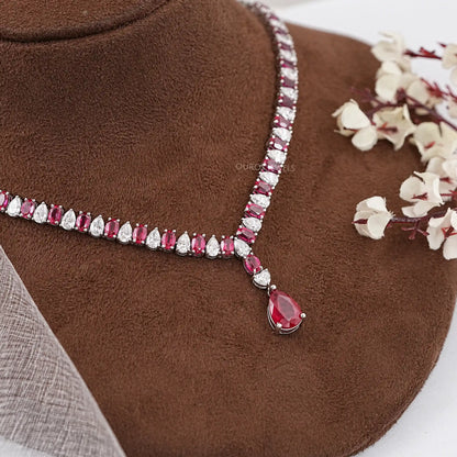 Red Ruby Oval Cut Lab Diamond Necklace