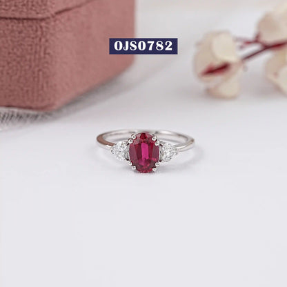 Red Ruby Oval Cut Gemstone Three Stone Ring