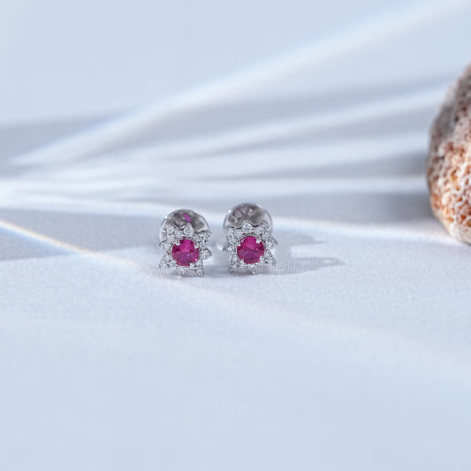 Red Ruby Round Gemstone Halo Stud Earrings