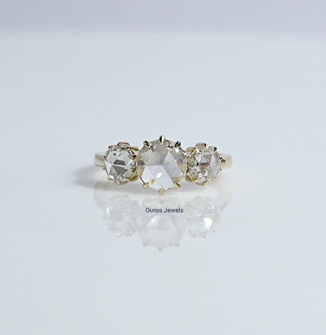 Three Stone Rose Cut Round Diamond Ring