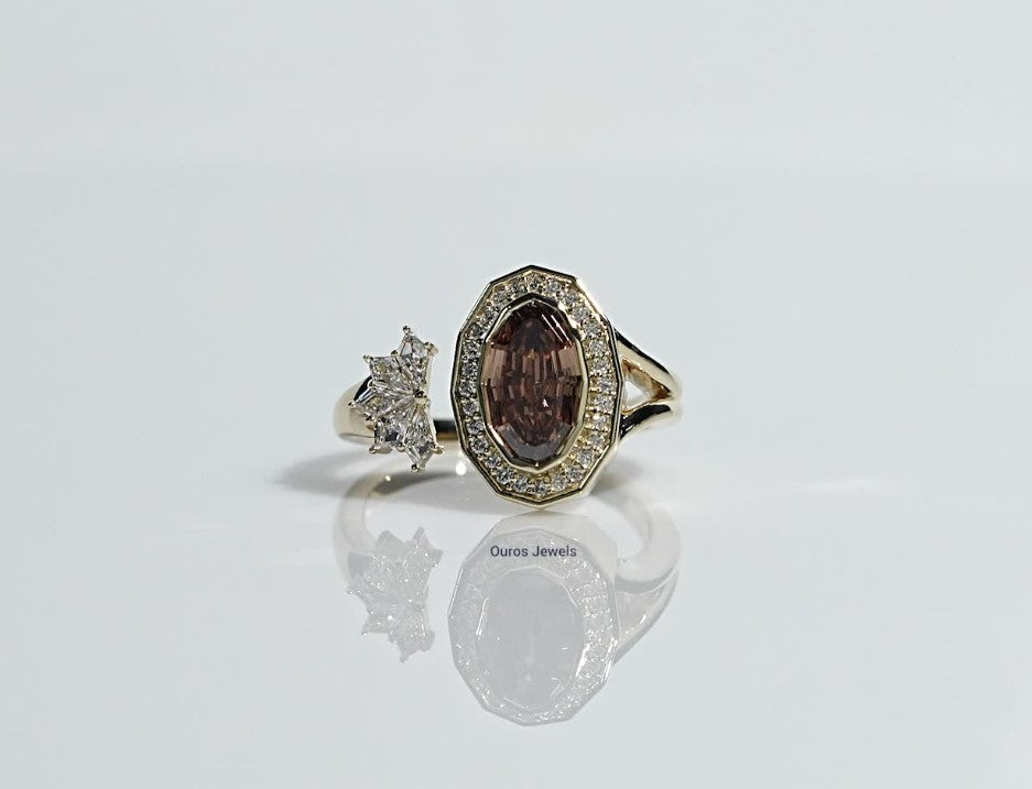 Champagne Step Cut Oval Cut Halo Open Cuff Ring