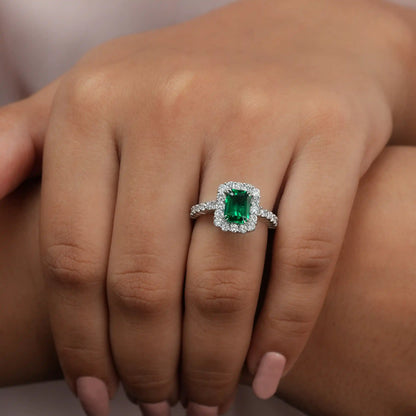 Green Emerald Cut Halo With Accent Diamond Engagement Ring