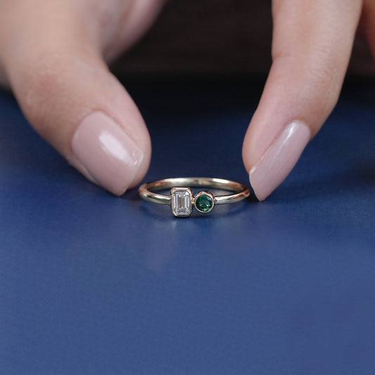 Round And Emerald Cut Bezel Solitaire Ring