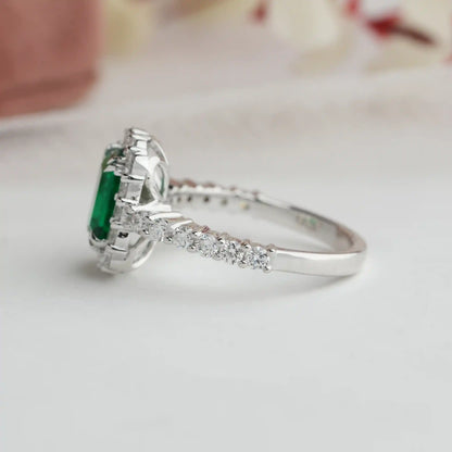 Green Emerald Cut Halo With Accent Diamond Engagement Ring