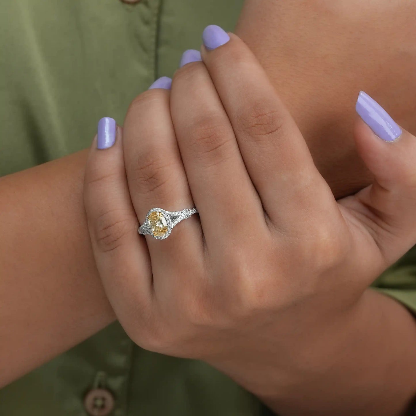 Yellow Oval Lab Diamond Halo Split Shank Engagement Ring