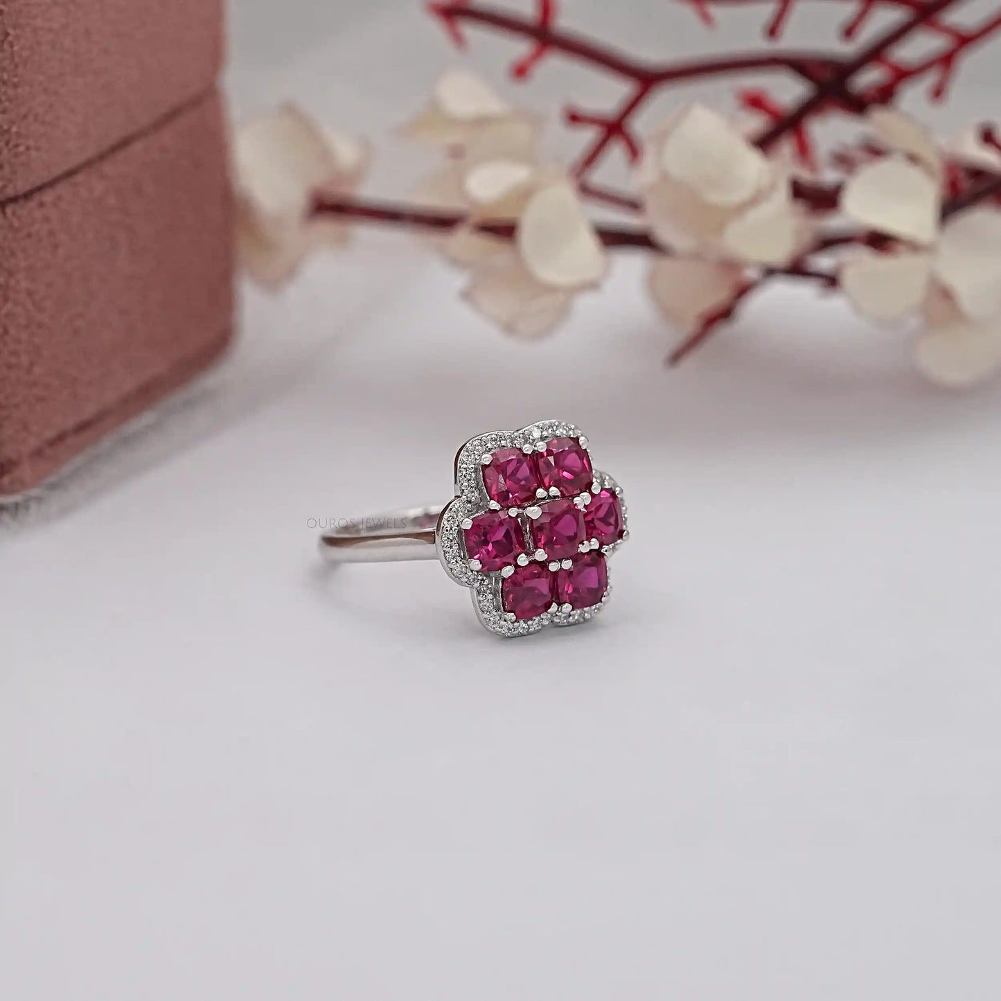 Red Ruby Cushion Cut Halo Diamond Ring
