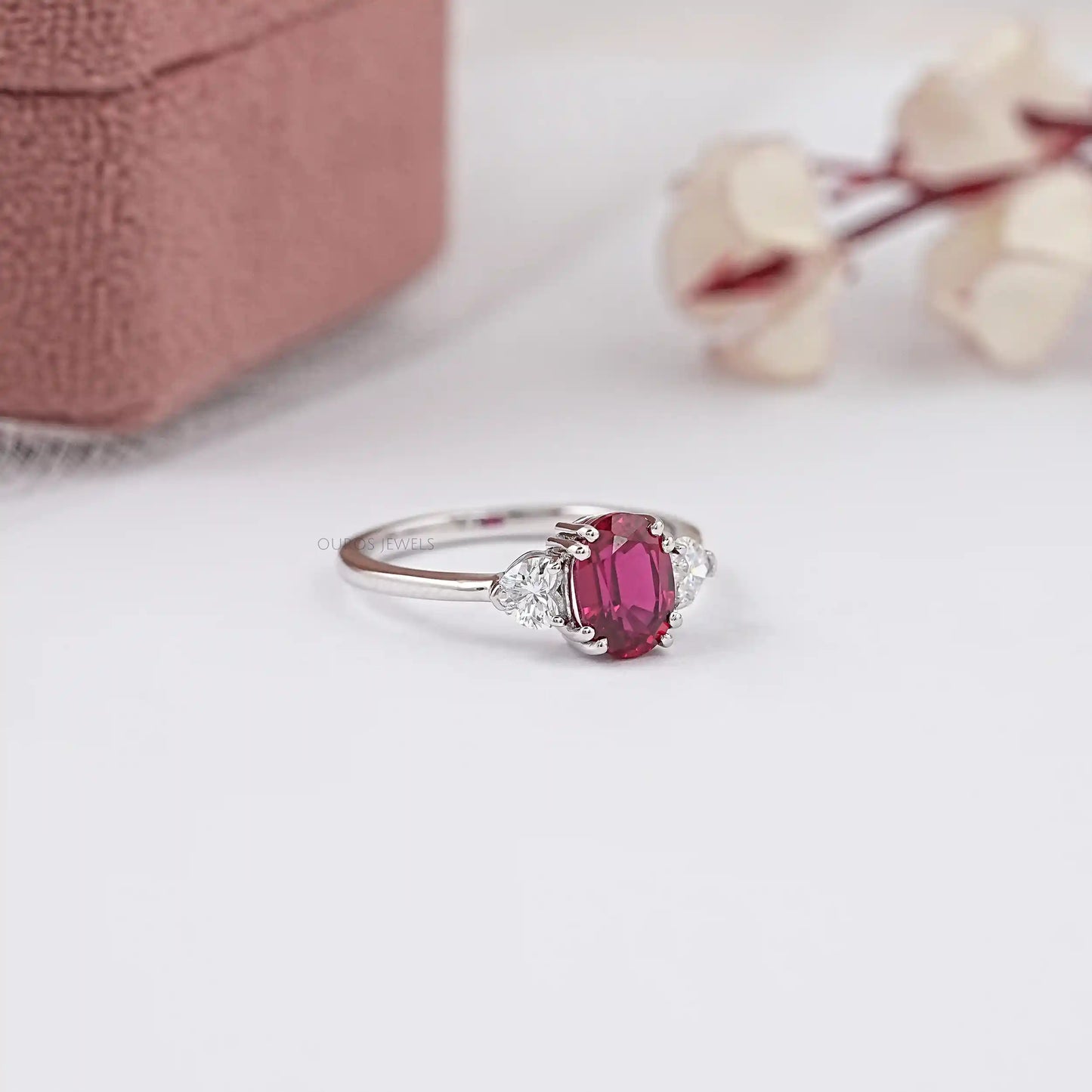 Red Ruby Oval Cut Gemstone Three Stone Ring
