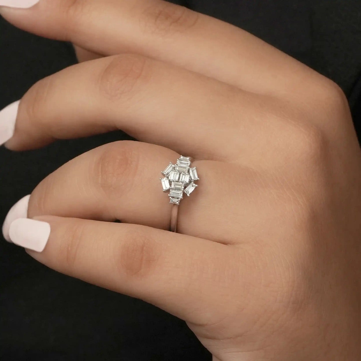 Baguette Cut Cluster Diamond  Engagement Ring