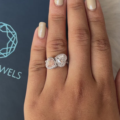Two Stone Fancy Pink Heart Cut Halo Diamond Engagement Ring