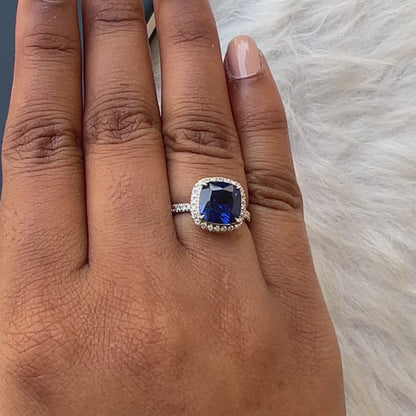 Sapphire Cushion Cut Lab Diamond Halo Engagement Ring