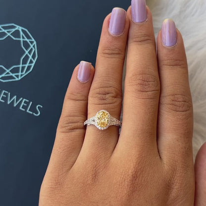 Yellow Oval Lab Diamond Halo Split Shank Engagement Ring