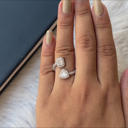 Trillion And Emerald Cut Halo Open Cuff Engagement Ring