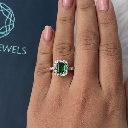 Green Emerald Cut Halo With Accent Diamond Engagement Ring