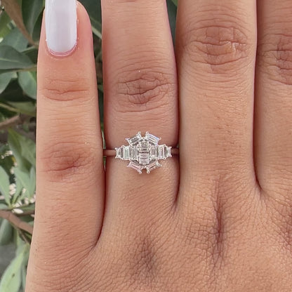 Baguette Cut Cluster Diamond  Engagement Ring