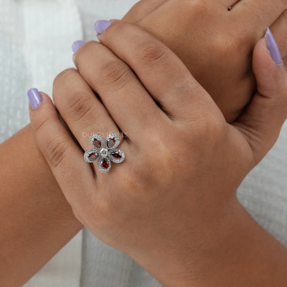 Floral Style Red Pear Diamond Halo Ring