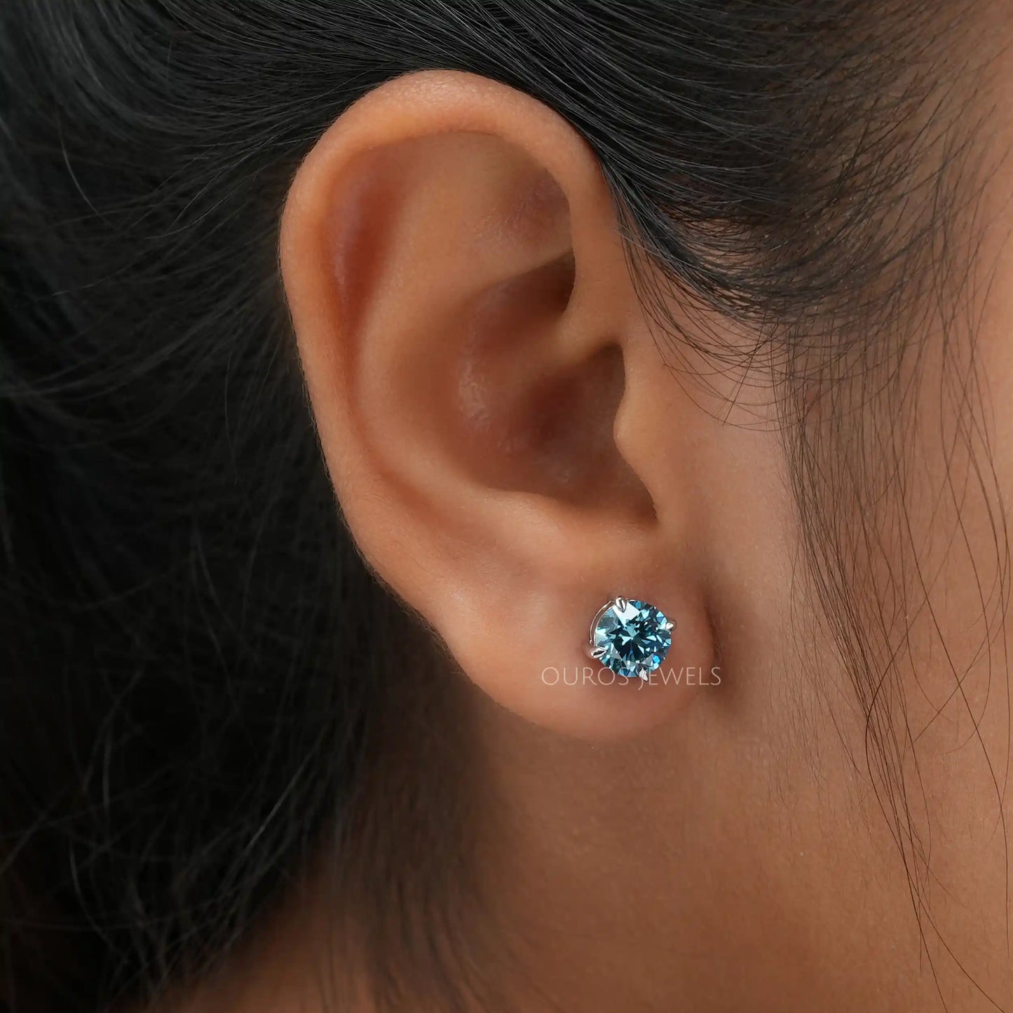 Fancy Blue Round Cut Stud Earrings