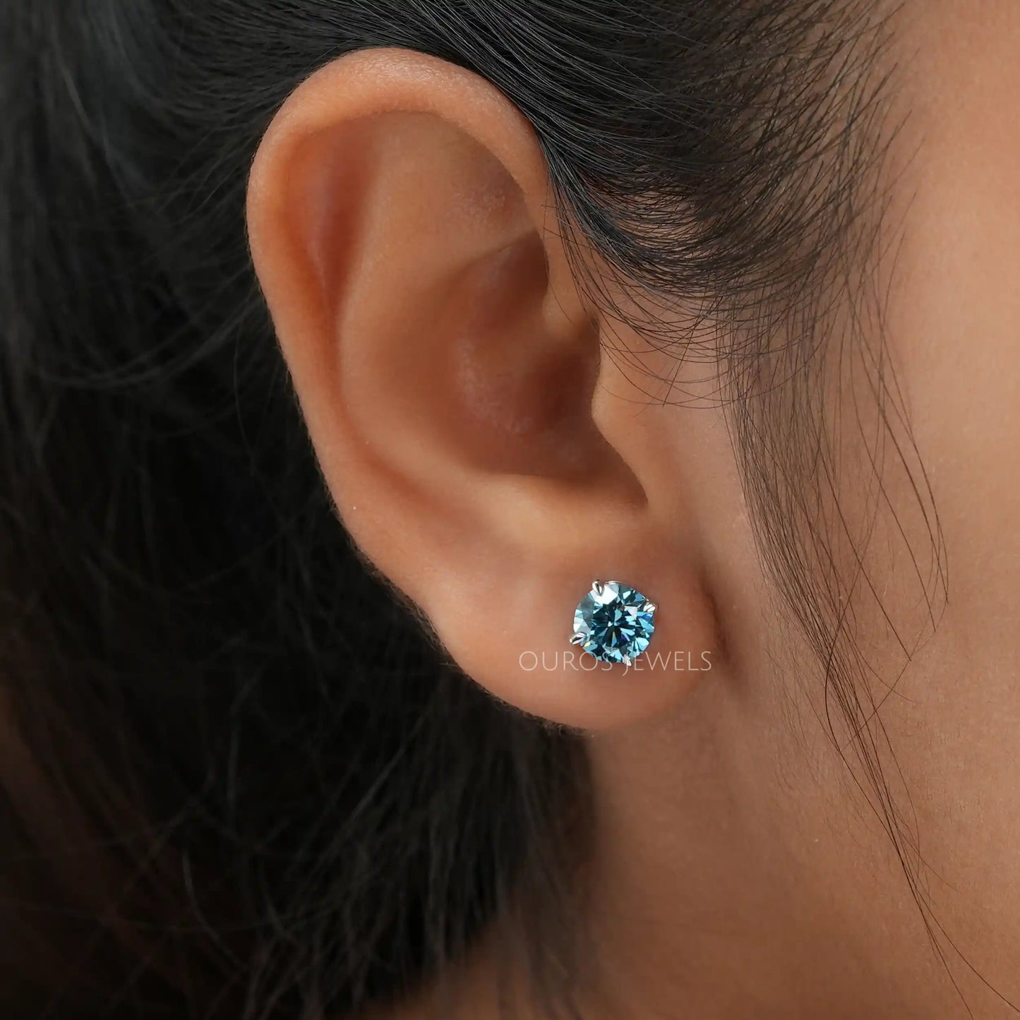 Fancy Blue Round Cut Stud Earrings
