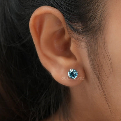 Fancy Blue Round Cut Stud Earrings