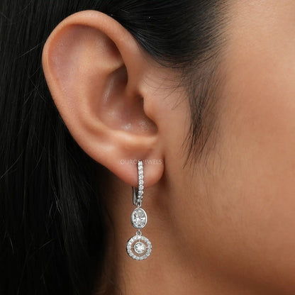 Bezel Set Oval Halo Dangle Drop Earring