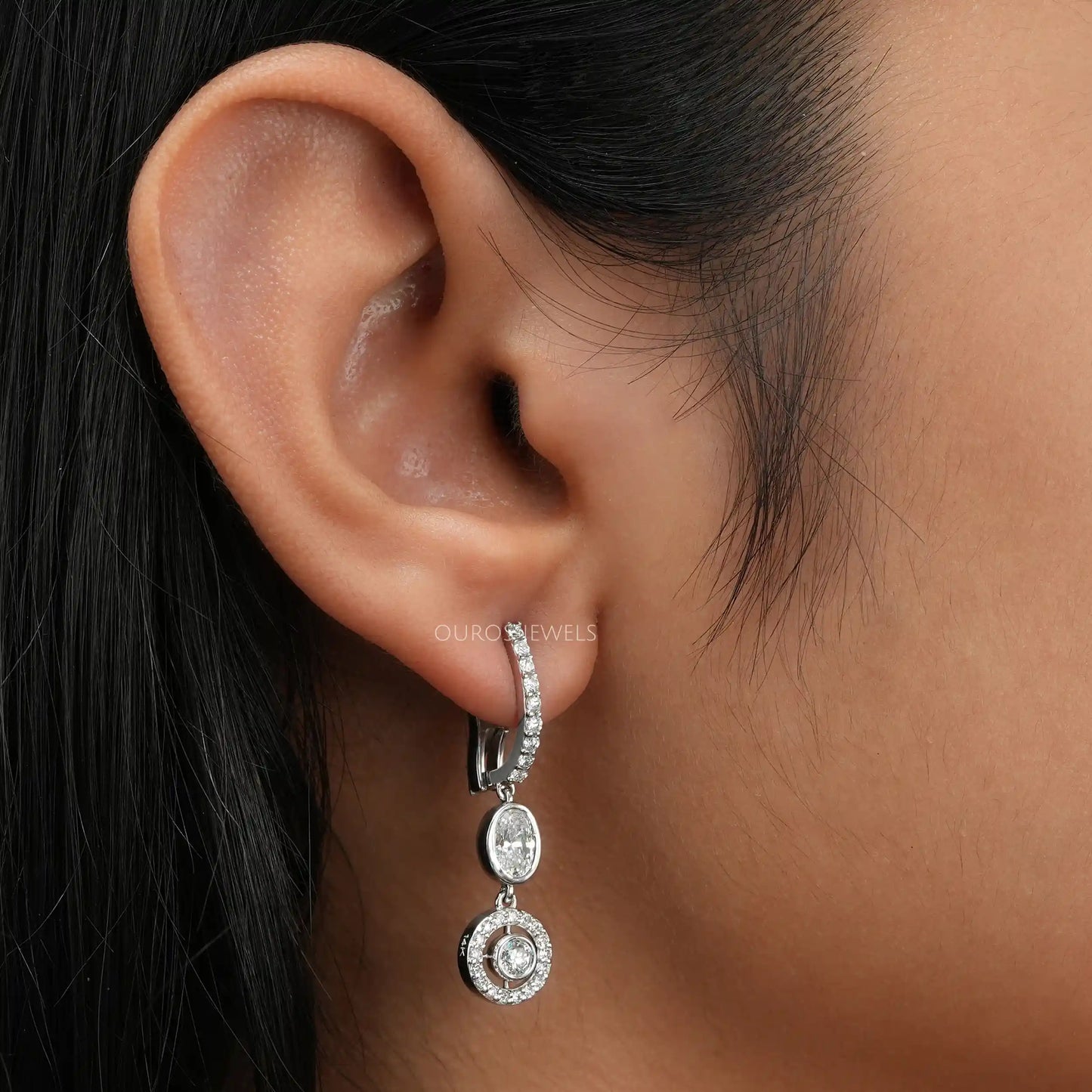 Bezel Set Oval Halo Dangle Drop Earring