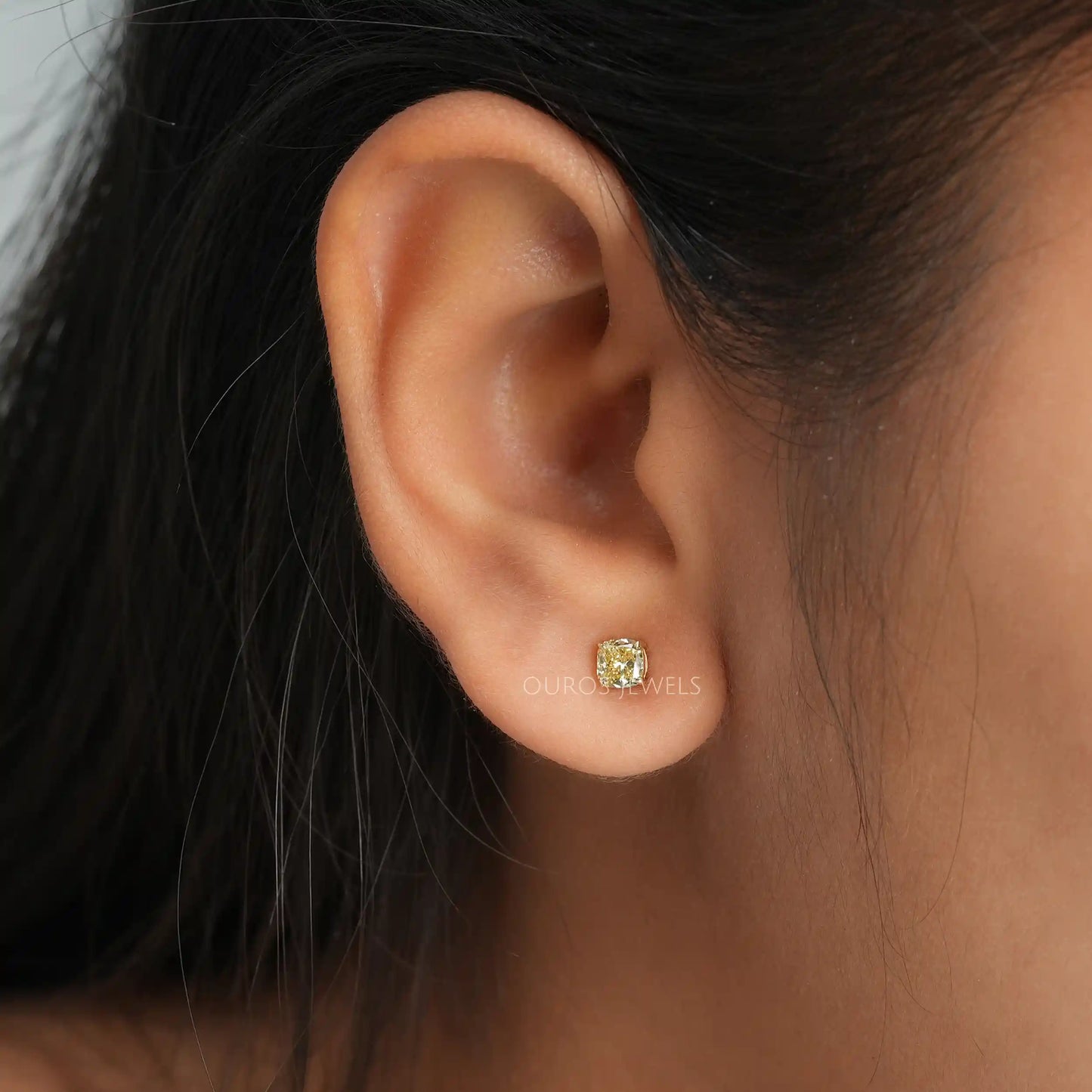 Yellow Cushion Cut   Lab Diamond Stud
