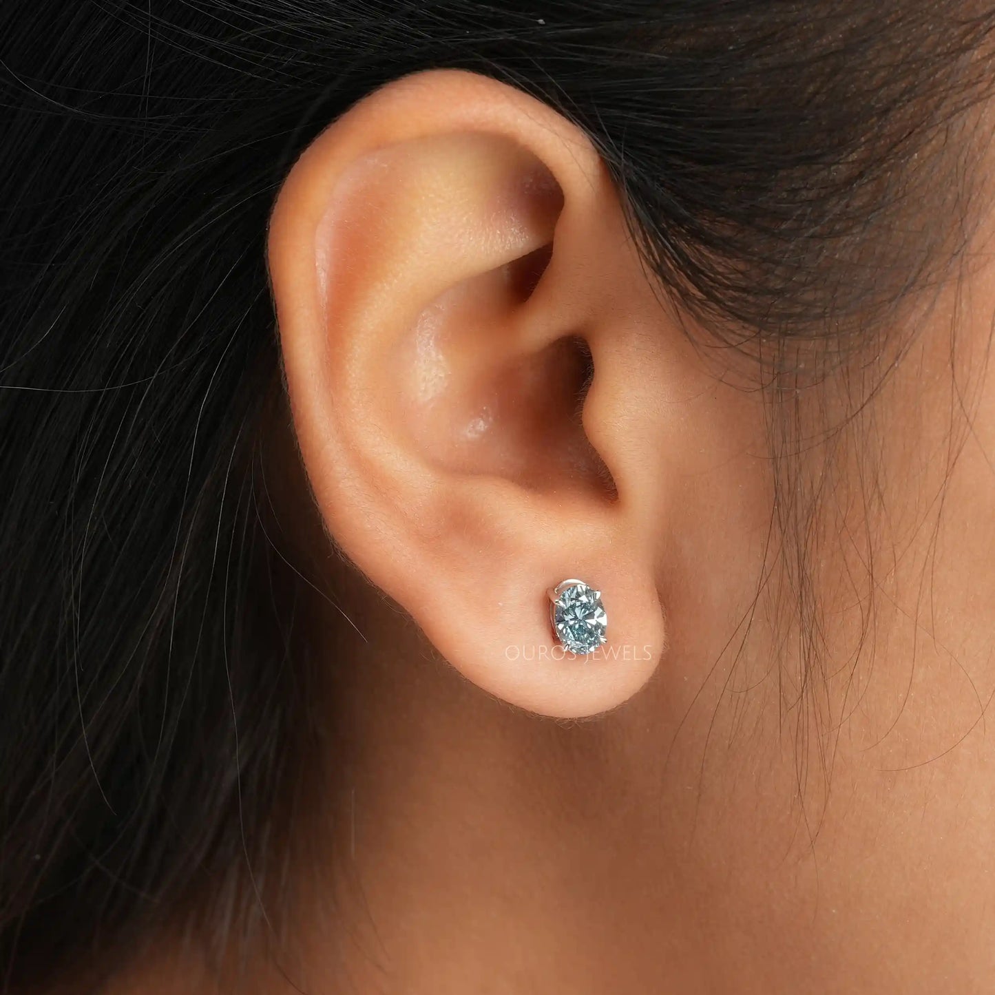 Blue Oval Cut Lab Diamond Stud