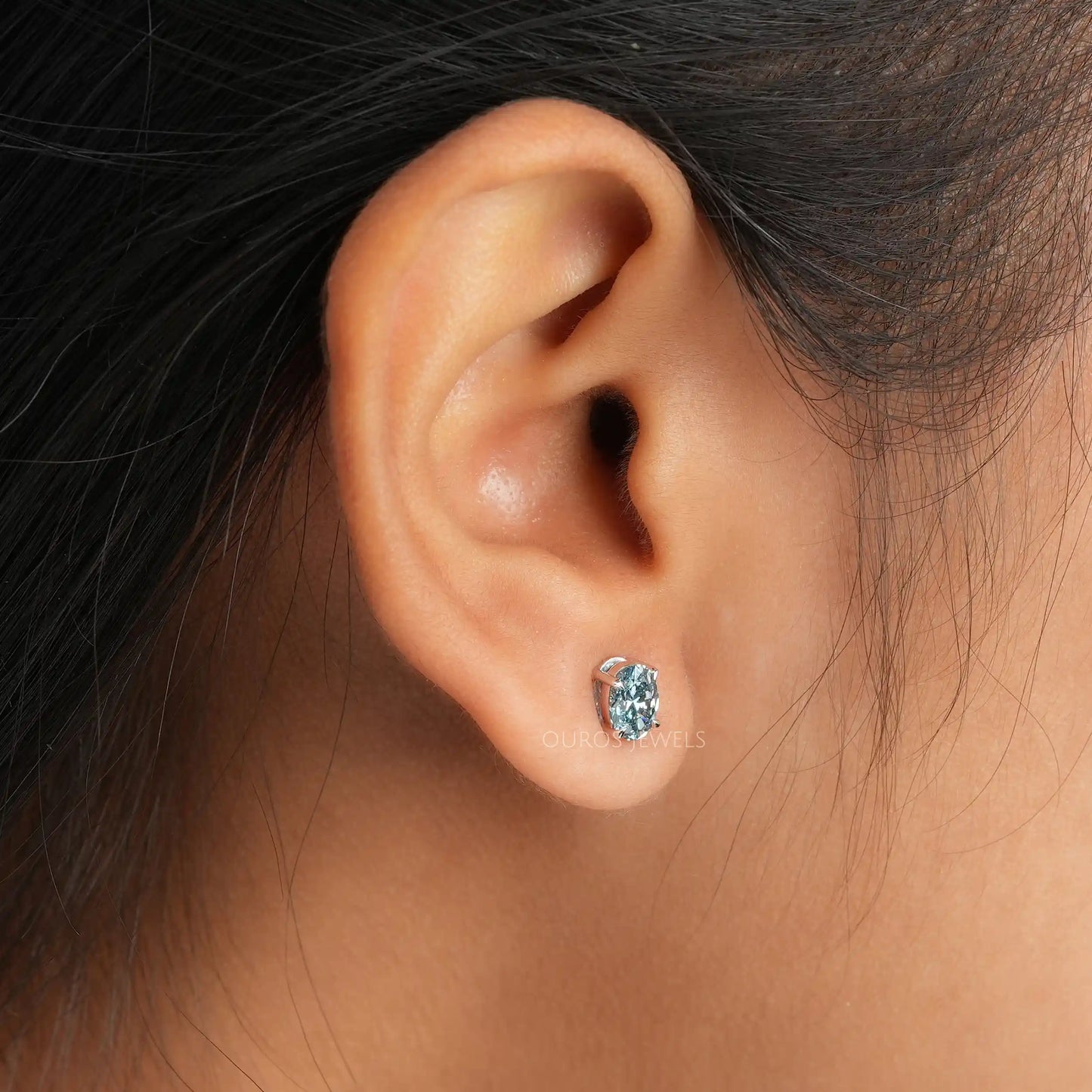 Blue Oval Cut Lab Diamond Stud