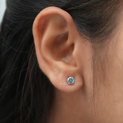 Blue Round Lab Diamond Stud Earrings