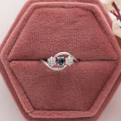 Blue Emerald Cut Floral Ring