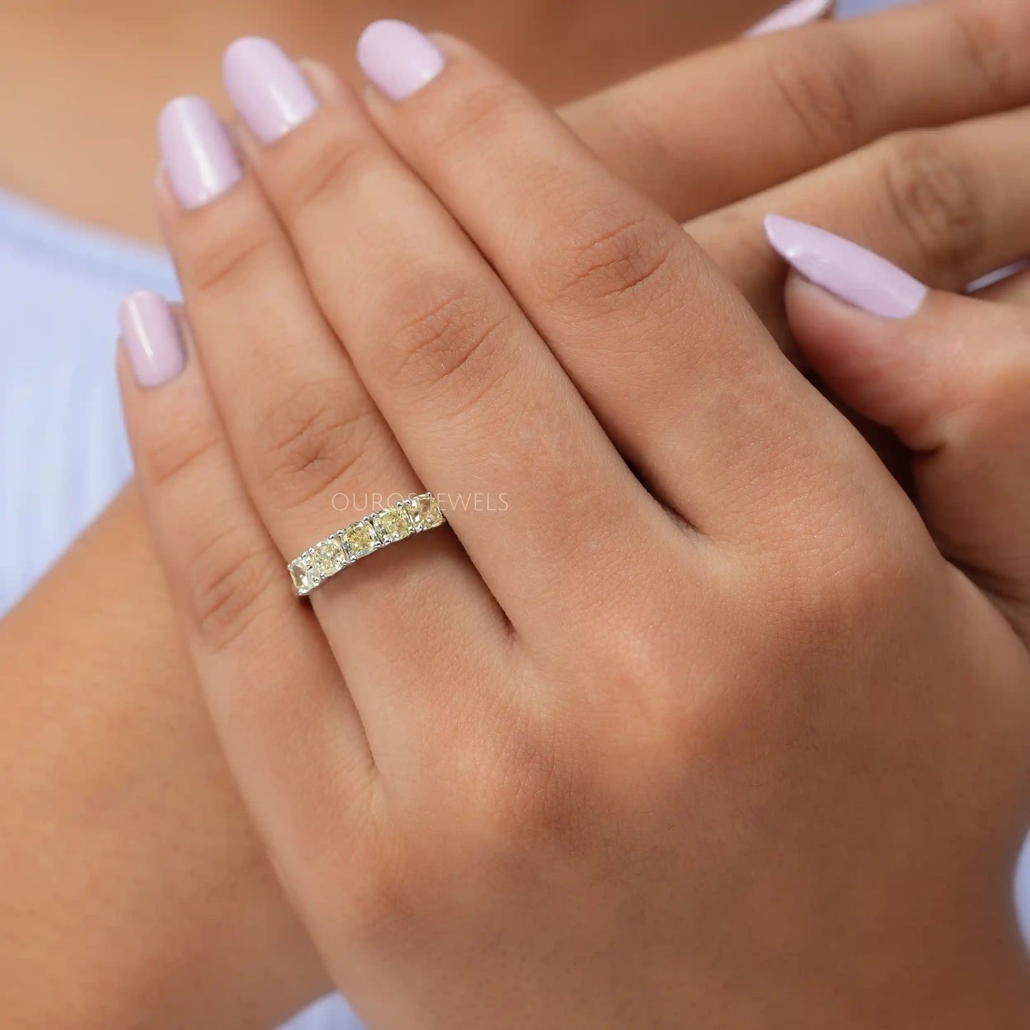 Five Stone Yellow Cushion Cut Diamond  Ring