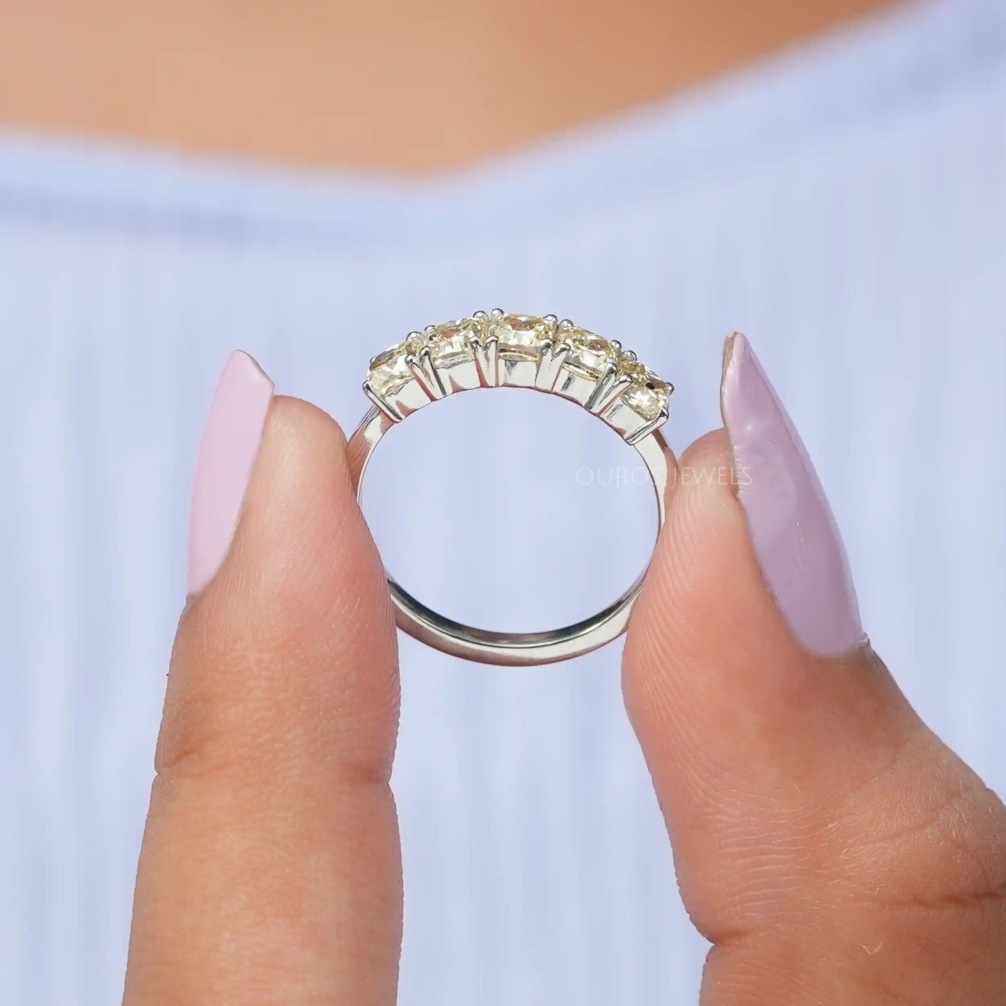 Five Stone Yellow Cushion Cut Diamond  Ring