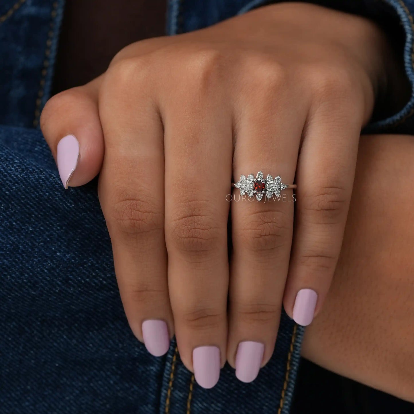 Red Oval Diamond Floral Ring