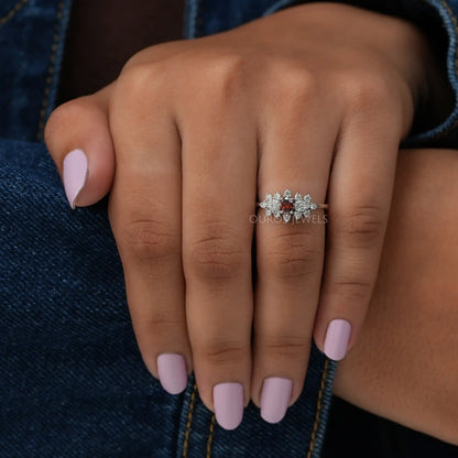 Red Oval Diamond Floral Ring