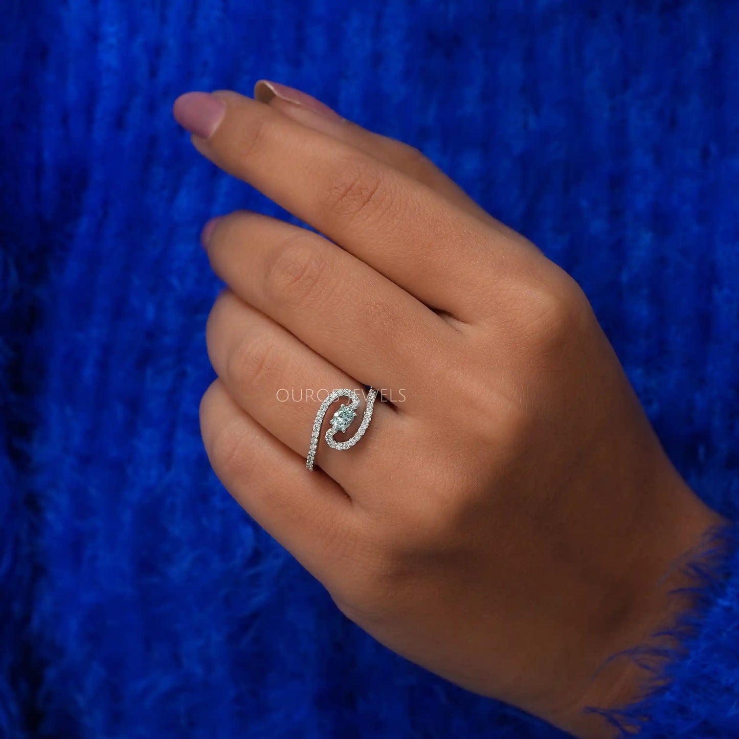 Green Oval Lab Diamond Solitaire Accent Ring