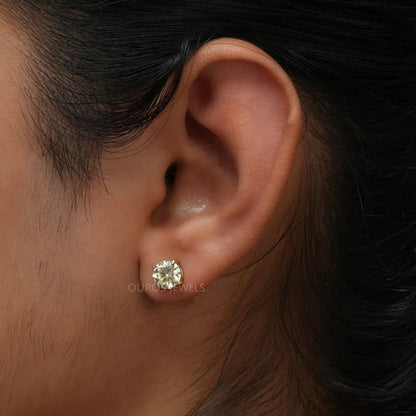 Yellow Round Cut Lab Diamond  Stud Earrings